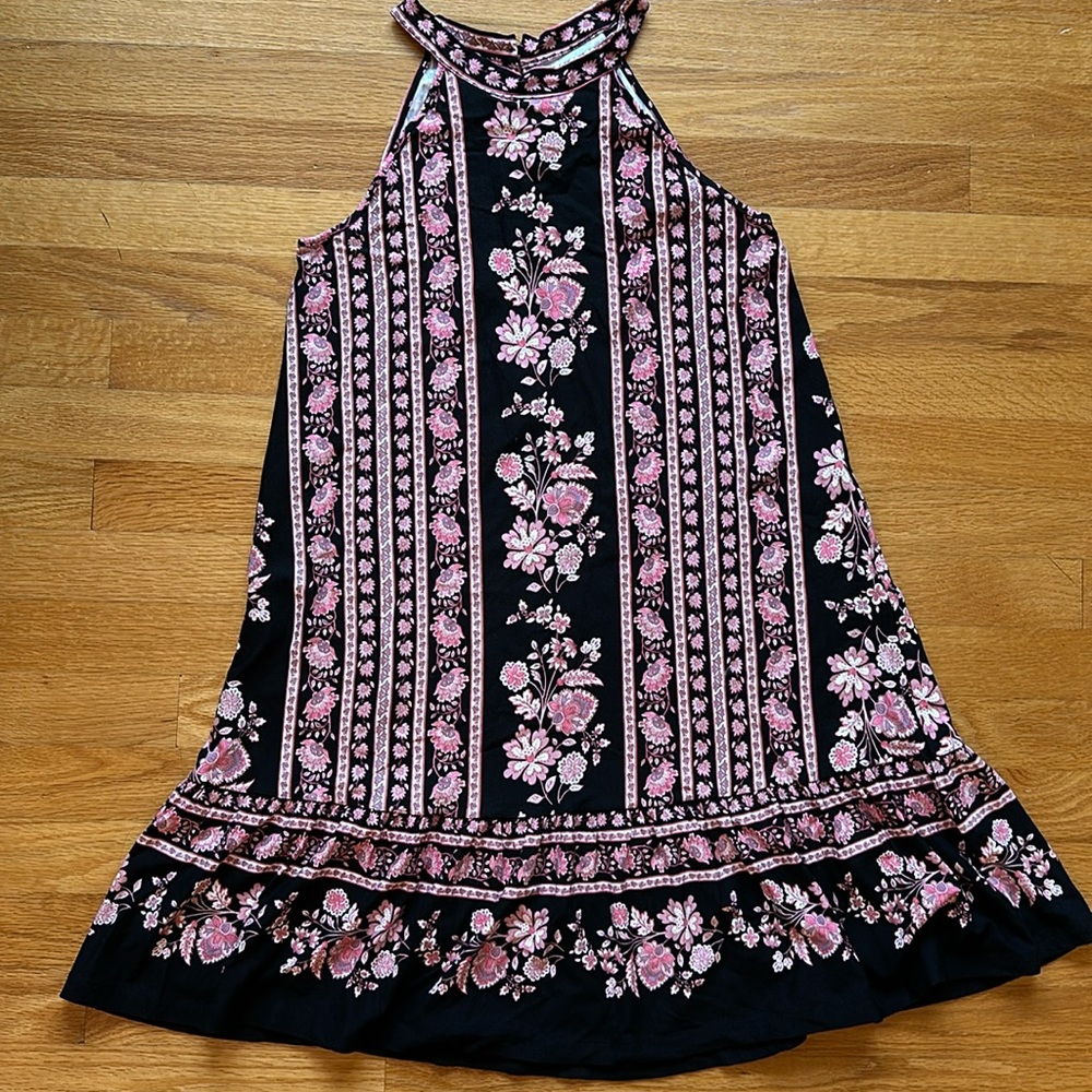 Loft pink and black print halter swing dress